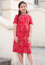 Chinoiserie Prints Cheongsam Inspired Girl's Dress RED