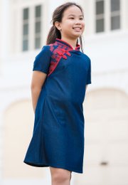 Sakura Embroidery Cheongsam Inspired Girl's Flare Dress NAVY