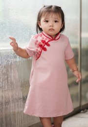 Sakura Embroidery Cheongsam Inspired Girl's Flare Dress PINK