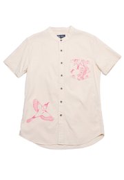 Chinoiserie Prints Mandarin Collar Short Sleeve Men's Shirt CREAM