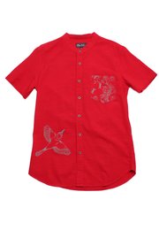 Chinoiserie Prints Mandarin Collar Short Sleeve Men's Shirt RED