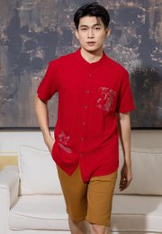 Chinoiserie Prints Mandarin Collar Short Sleeve Men's Shirt RED