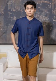 Oriental Premium Mandarin Collar Short Sleeve Men's Shirt NAVY
