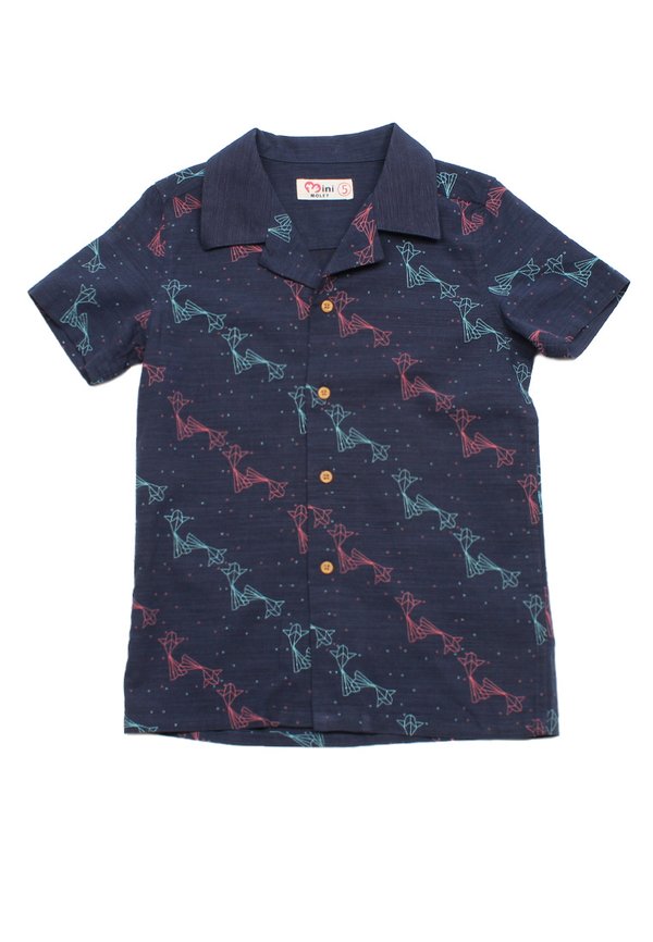 Origami Fish Short Sleeve Boy's Open Collar Shirt NAVY
