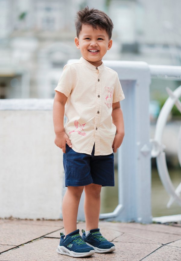 Chinoiserie Prints Mandarin Collar Short Sleeve Boy's Shirt CREAM
