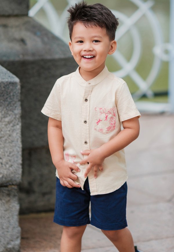 Chinoiserie Prints Mandarin Collar Short Sleeve Boy's Shirt CREAM