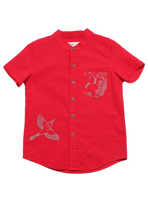 Chinoiserie Prints Mandarin Collar Short Sleeve Boy's Shirt RED