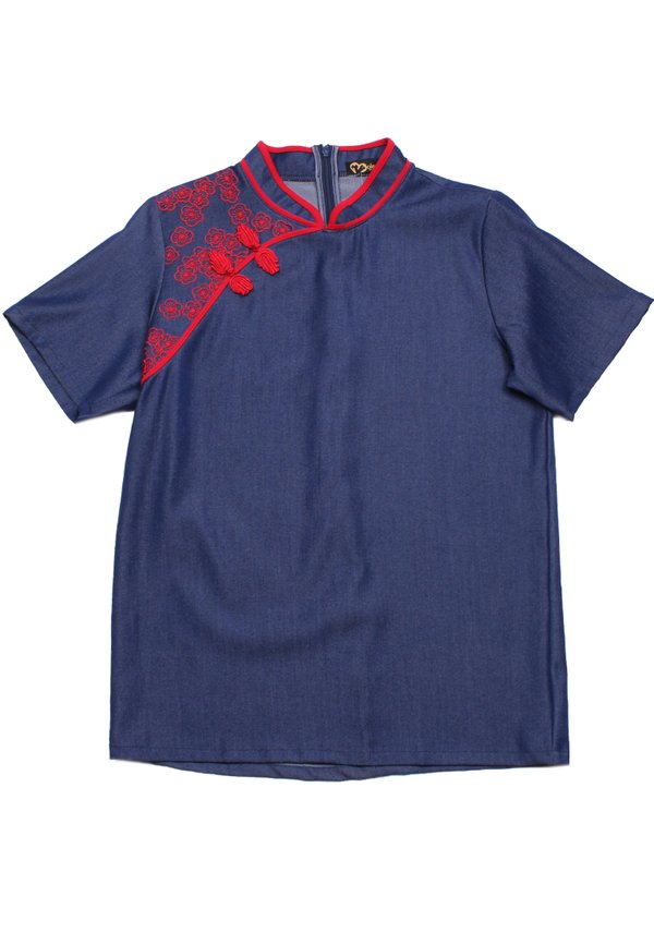 Sakura Embroidery Cheongsam Classic Ladies' Blouse NAVY