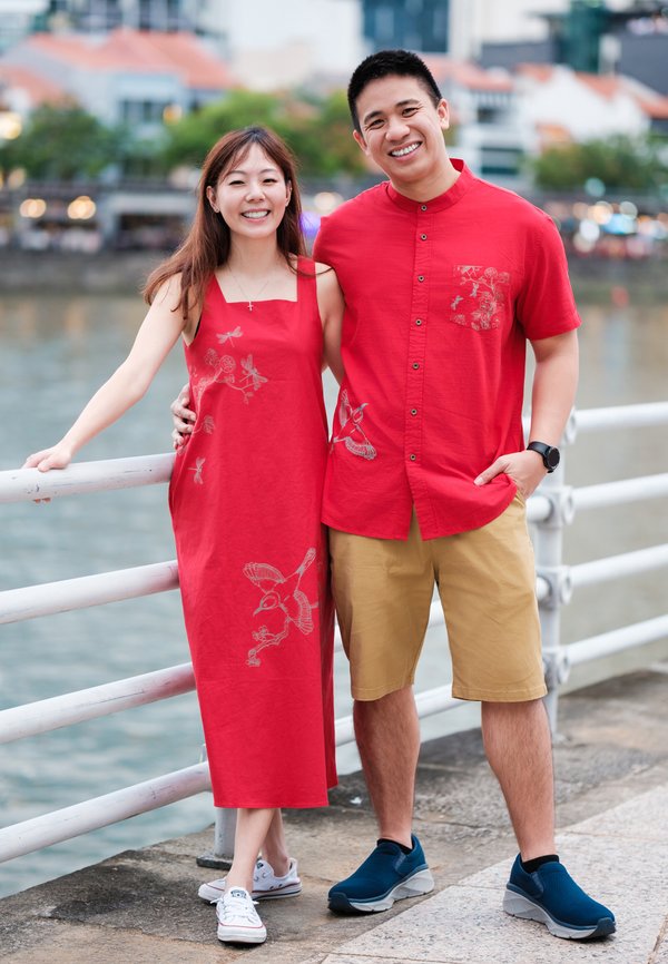 Chinoiserie Prints Mandarin Collar Short Sleeve Men's Shirt RED