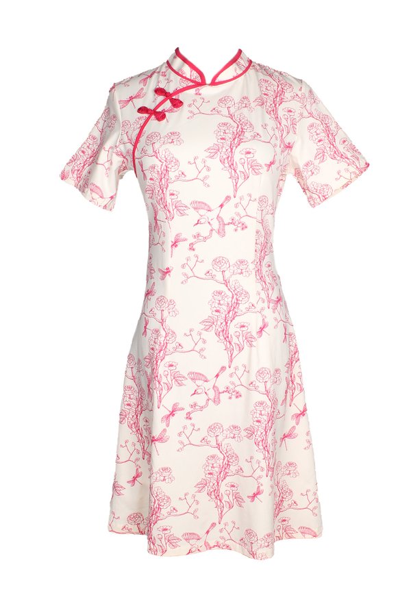 Chinoiserie Prints Cheongsam Inspired Ladies' Dress CREAM