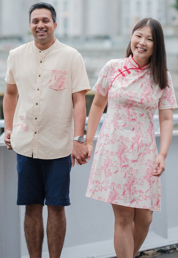 Chinoiserie Prints Cheongsam Inspired Ladies' Dress CREAM