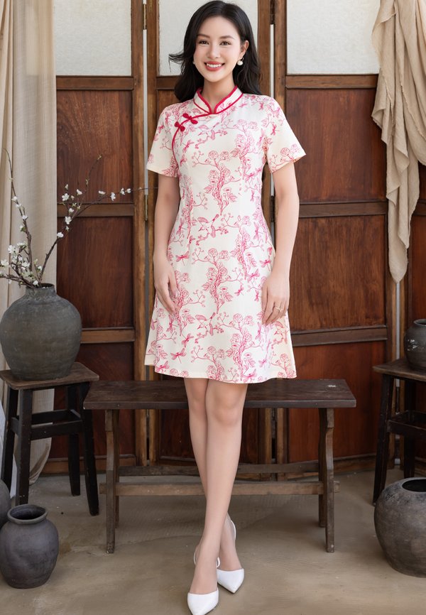Chinoiserie Prints Cheongsam Inspired Ladies' Dress CREAM