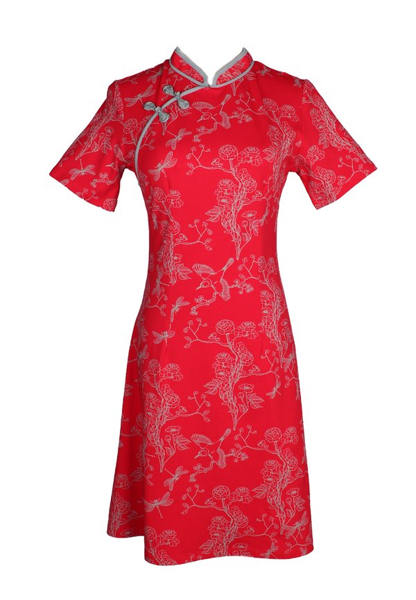 Chinoiserie Prints Cheongsam Inspired Ladies' Dress RED