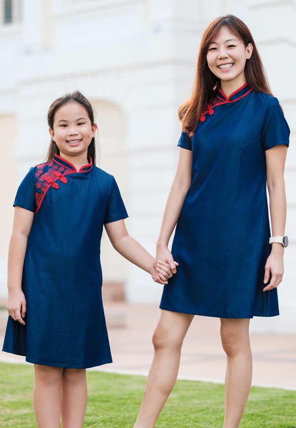 Sakura Embroidery Cheongsam Inspired Ladies' Flare Dress NAVY