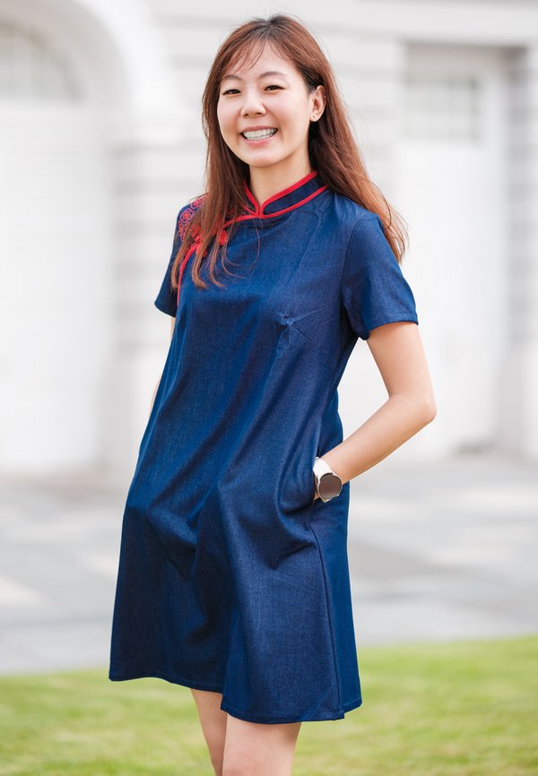Sakura Embroidery Cheongsam Inspired Ladies' Flare Dress NAVY