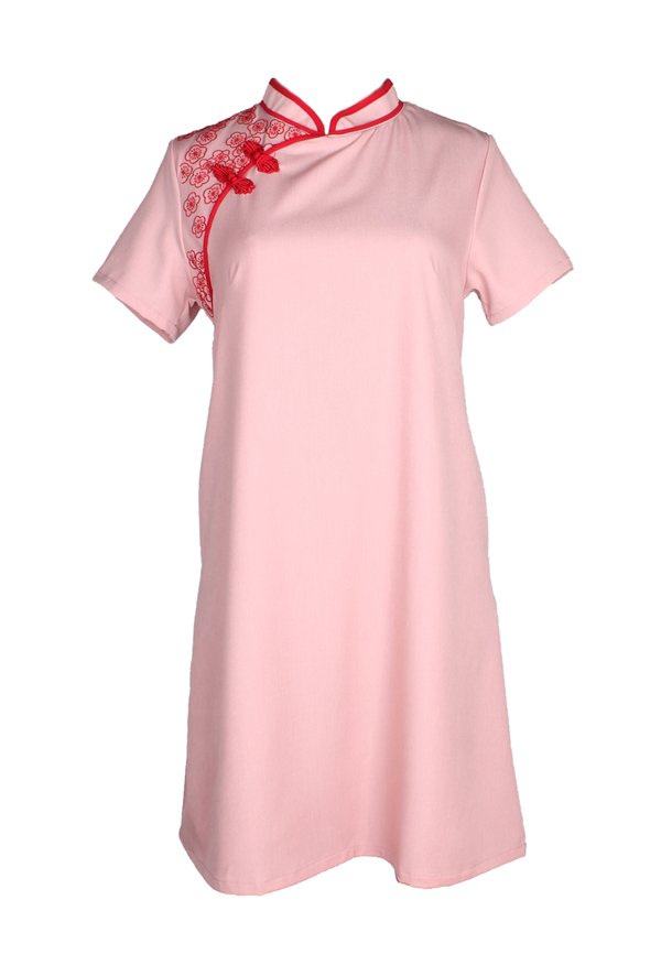 Sakura Embroidery Cheongsam Inspired Ladies' Flare Dress PINK