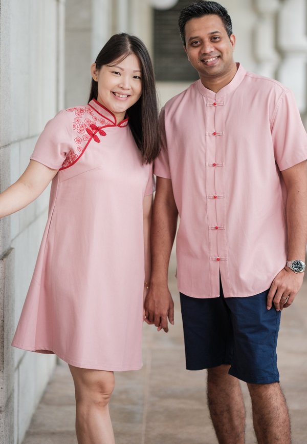 Sakura Embroidery Cheongsam Inspired Ladies' Flare Dress PINK