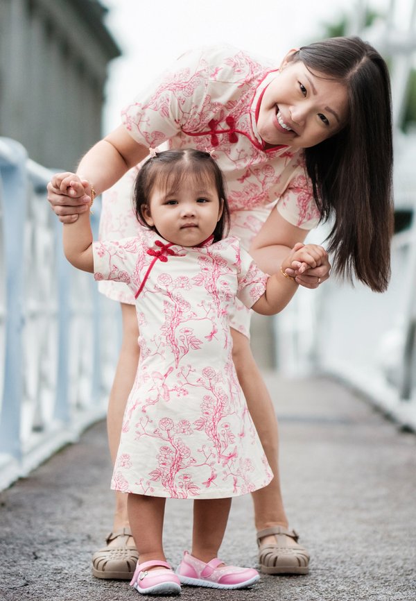 Chinoiserie Prints Cheongsam Inspired Girl's Dress CREAM