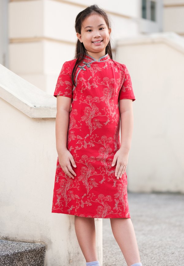 Chinoiserie Prints Cheongsam Inspired Girl's Dress RED