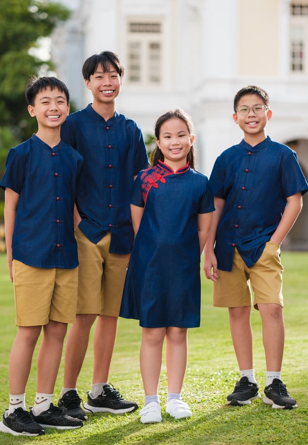 Sakura Embroidery Cheongsam Inspired Girl's Flare Dress NAVY