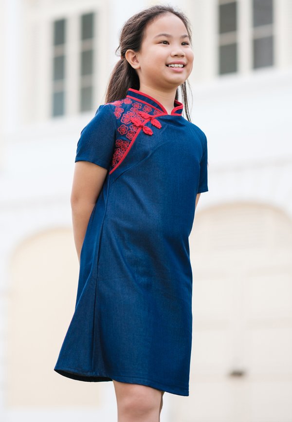 Sakura Embroidery Cheongsam Inspired Girl's Flare Dress NAVY
