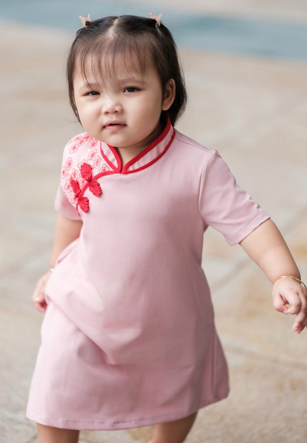 Sakura Embroidery Cheongsam Inspired Girl's Flare Dress PINK