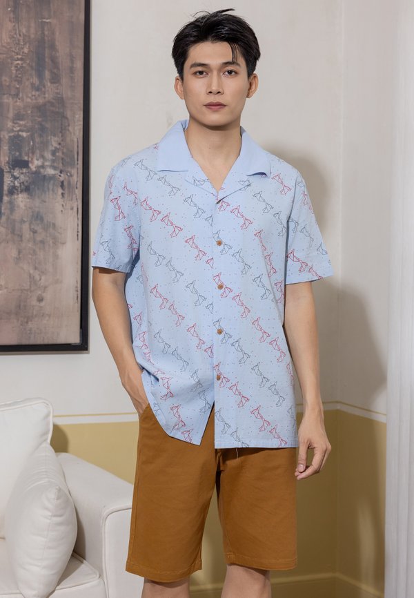 Origami Bird Short Sleeve Men's Open Collar Shirt BLUE