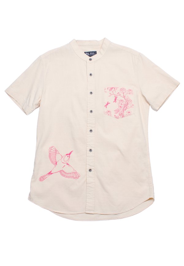 Chinoiserie Prints Mandarin Collar Short Sleeve Men's Shirt CREAM