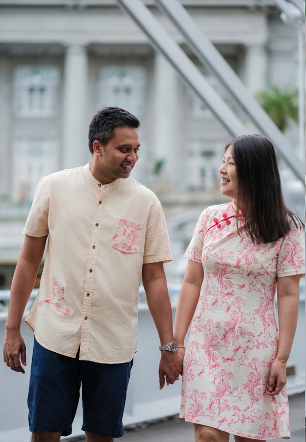 Chinoiserie Prints Mandarin Collar Short Sleeve Men's Shirt CREAM