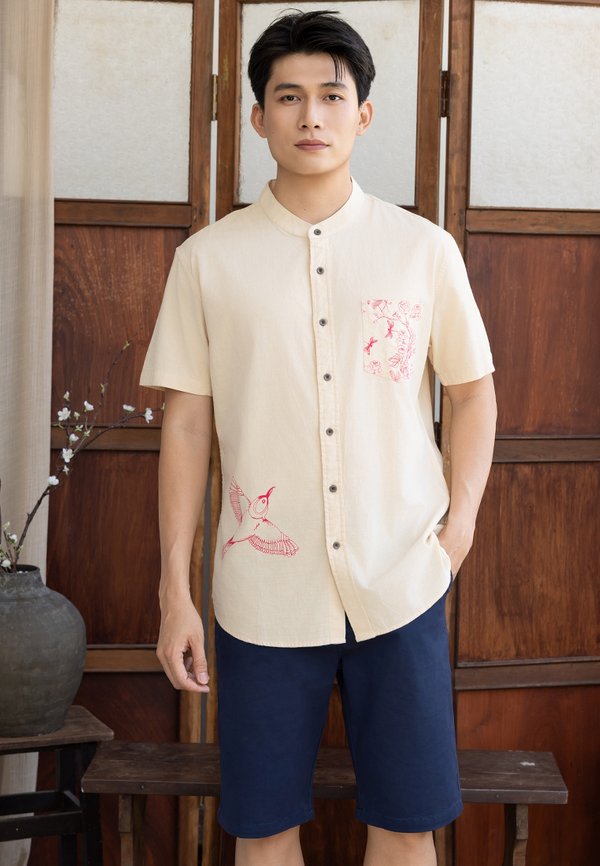 Chinoiserie Prints Mandarin Collar Short Sleeve Men's Shirt CREAM
