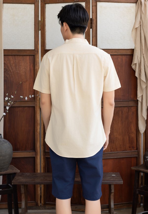 Chinoiserie Prints Mandarin Collar Short Sleeve Men's Shirt CREAM