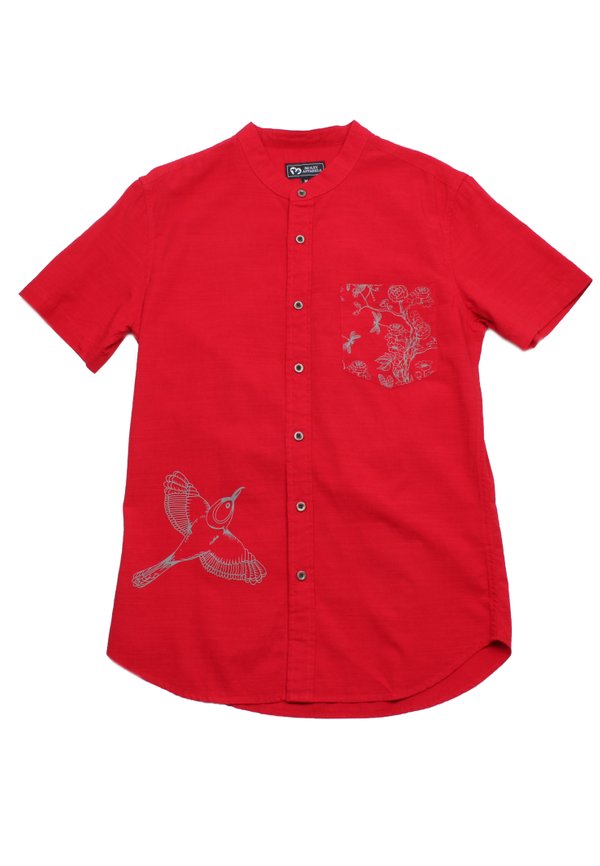 Chinoiserie Prints Mandarin Collar Short Sleeve Men's Shirt RED