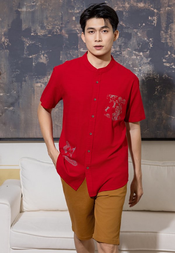 Chinoiserie Prints Mandarin Collar Short Sleeve Men's Shirt RED