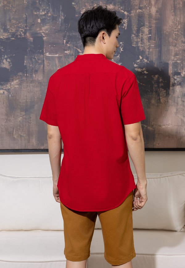 Chinoiserie Prints Mandarin Collar Short Sleeve Men's Shirt RED