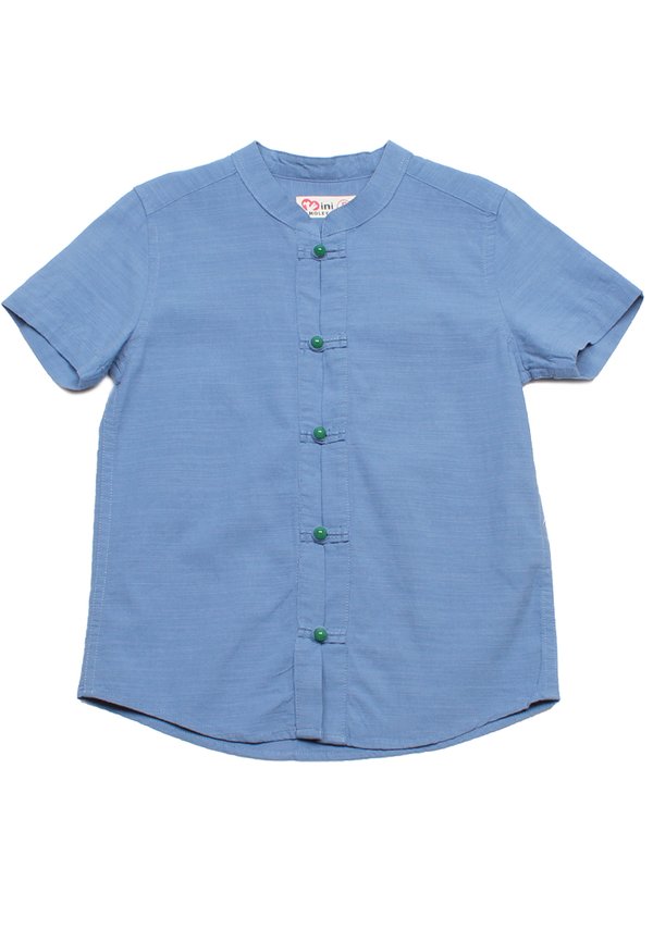 Oriental Linen Premium Mandarin Collar Short Sleeve Boy's Shirt BLUE