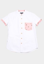 Oriental Butterfly Print Pocket Mandarin Collar Short Sleeve Men's Shirt WHITE