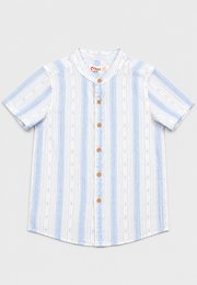 Korean Vertical Stripe Mandarin Collar Short Sleeve Boy's Shirt BLUE