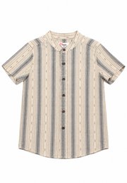 Korean Vertical Stripe Mandarin Collar Short Sleeve Boy's Shirt CREAM