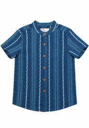 Vertical Embroidery Classic Mandarin Collar Short Sleeve Boy's Shirt BLUE