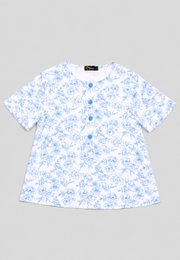 Floral Outline Drawing Button Top Ladies' Blouse WHITE/BLUE