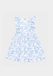 Floral Outline Drawing Fluff Sleeve Girl's Dress WHITE/BLUE