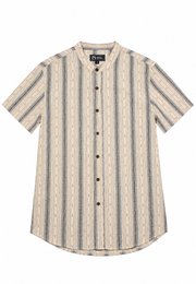 Korean Vertical Stripe Mandarin Collar Short Sleeve Men's Shirt CREAM
