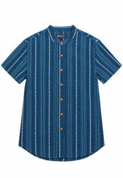 Vertical Embroidery Classic Mandarin Collar Short Sleeve Men's Shirt BLUE