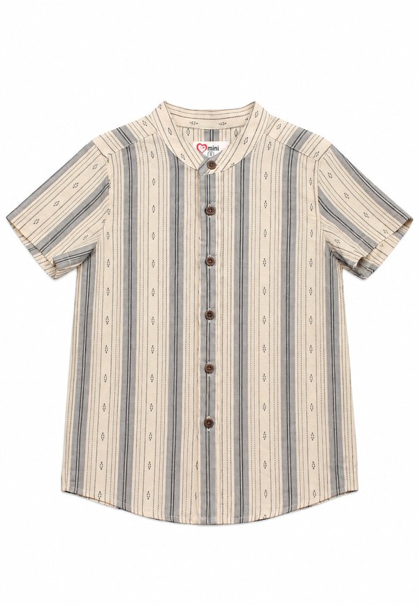 Korean Vertical Stripe Mandarin Collar Short Sleeve Boy's Shirt CREAM