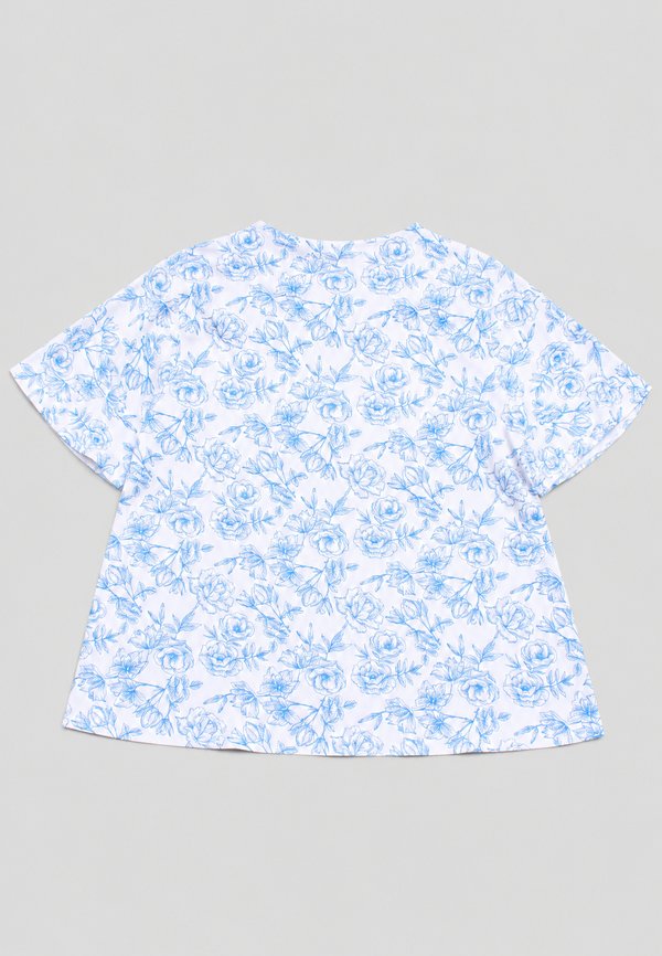 Floral Outline Drawing Button Top Ladies' Blouse WHITE/BLUE