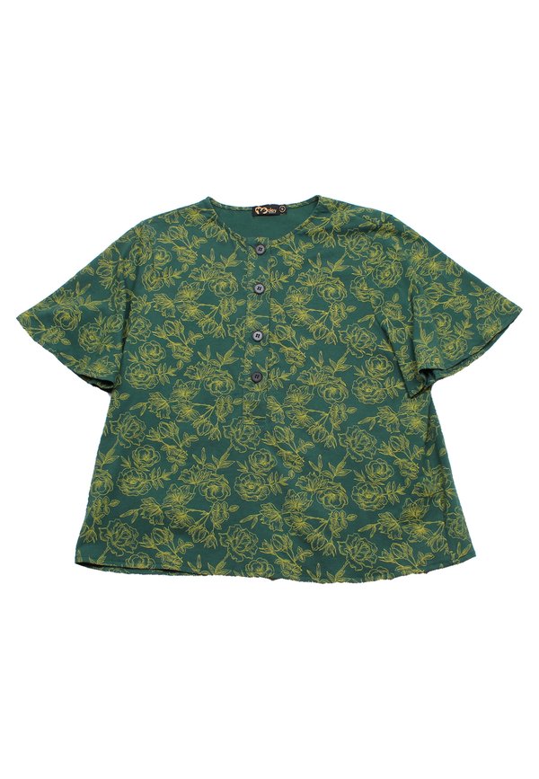 Floral Outline Drawing Button Top Ladies' Blouse GREEN