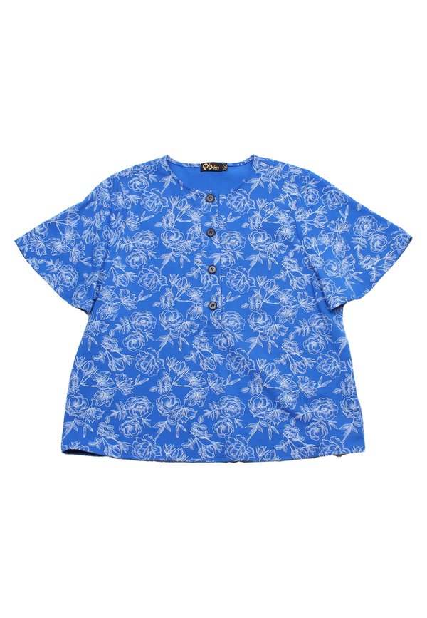 Floral Outline Drawing Button Top Ladies' Blouse BLUE