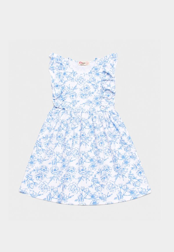 Floral Outline Drawing Fluff Sleeve Girl's Dress WHITE/BLUE