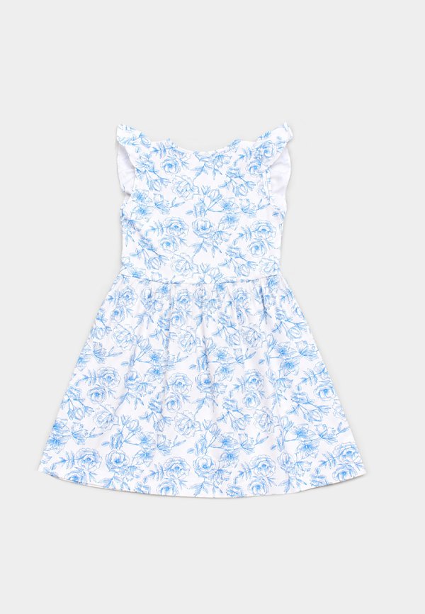 Floral Outline Drawing Fluff Sleeve Girl's Dress WHITE/BLUE