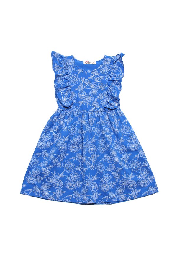 Floral Outline Drawing Fluff Sleeve Girl's Dress BLUE